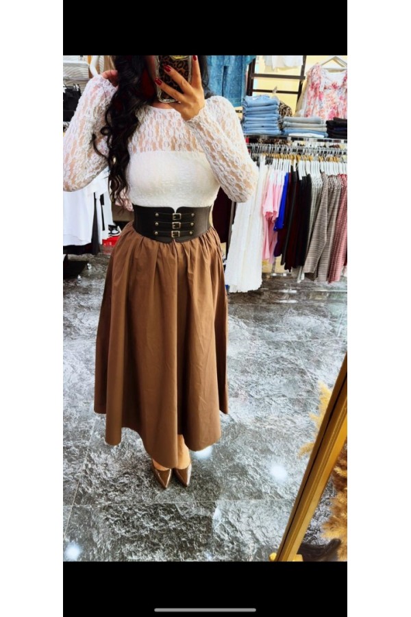 Lastik Kemer Aksesuarlı Maxi Etek
